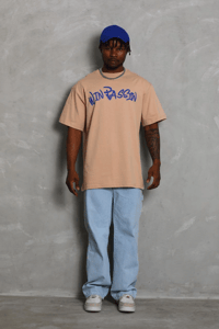 Erkek Baskılı Tişört Kısa Kol Bisiklet Yaka Oversize T-Shirt - Bej