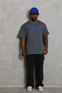 Erkek Baskılı Tişort Kısa Kol Bisiklet Yaka Oversize T-Shirt - Füme