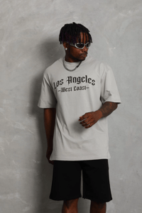 Erkek Baskılı Tişört Kısa Kol Bisiklet Yaka Oversize T-Shirt - Gri