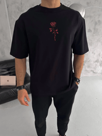 Erkek Bisiklet Yaka Baskılı Oversize  Kısa kol T-Shirt - Siyah