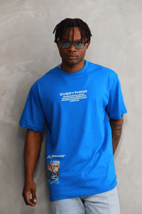 Erkek Bisiklet Yaka Baskılı Oversize T-Shirt - Mavi