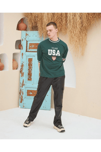 Erkek Bisiklet Yaka Tişört Nakış İşlemeli Kısa Kol Oversize T-Shirt - Yeşil
