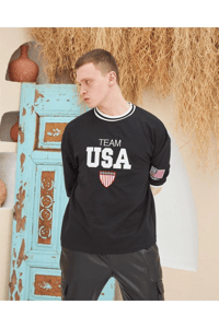 Erkek Bisiklet Yaka Tişört Nakış İşlemeli Kısa Kol Oversize T-ShirtSiyah