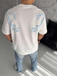 Erkek Bisiklet Yaka Tişört Yıldırım Şimşek Baskılı Kısa Kol T-Shirt - Beyaz