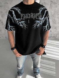 Erkek Bisiklet Yaka Tişört Yıldırım Şimşek Baskılı Kısa Kol T-Shirt -Siyah