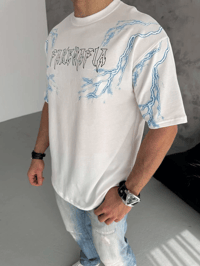 Erkek Bisiklet Yaka Tişört Yıldırım Şimşek Baskılı Kısa Kol T-Shirt - Beyaz