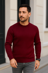 Erkek Bisiklet Yaka Triko Kazak Pamuklu Kalın Fitilli Dokuma Regular Fit - Bordo