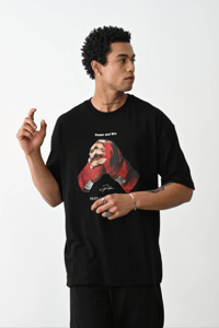 Erkek Boxy Eldiven Baskılı T-Shirt Kısa Kol Bisiklet Yaka Tişört - Siyah