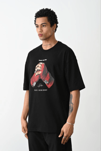Erkek Boxy Eldiven Baskılı T-Shirt Kısa Kol Bisiklet Yaka Tişört - Siyah