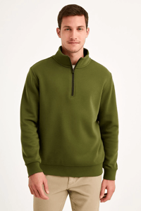 Erkek Dik Yaka Sweatshirt Dik Yaka Yarım Fermuarlı 3 İplik Şardonlu Pamuk Kumaş - Haki