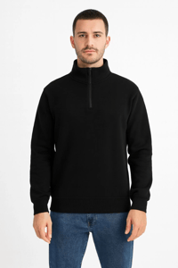 Erkek Dik Yaka Sweatshirt Dik Yaka Yarım Fermuarlı 3 İplik Pamuk Kumaş - Siyah