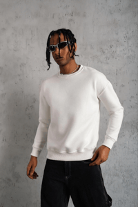 Erkek Düz Bisiklet Yaka 3 iplik pamuklu Sweatshirt - Beyaz