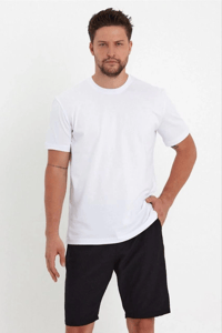 Erkek Düz Penye Tişört Bisiklet Yaka Kısa Kol Regular Fit T-Shirt - Beyaz