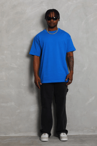 Erkek Düz Yazlık Kısa Kol Tişört Bisiklet Yaka Oversize T-Shirt - Mavi
