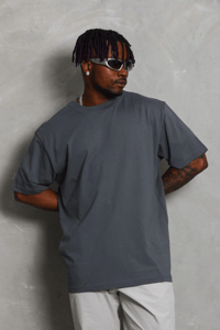 Erkek Düz Yazlık Kısa Kol Tişört Bisiklet Yaka Oversize T-Shirt - Füme