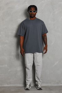 Erkek Düz Yazlık Kısa Kol Tişört Bisiklet Yaka Oversize T-Shirt - Füme