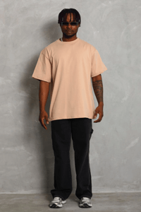 Erkek Düz Yazlık Kısa Kol Tişört Bisiklet Yaka Oversize T-Shirt - Bej