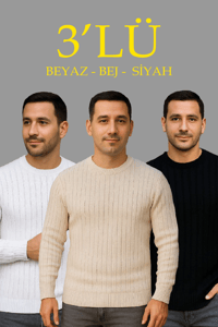 Erkek Fitilli Triko Kazak 3’lü Set Bej Beyaz Siyah | Kalın Dokuma Pamuklu Regular Fit