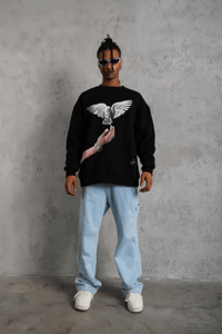 Erkek Güvercin Baskılı 3 iplik Bisiklet Yaka ipamuklu Sweatshirt - Siyah