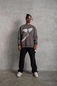 Erkek Güvercin Baskılı 3 iplik pamuklu Bisiklet Yaka Sweatshirt - Gri