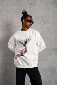Erkek Güvercin Baskılı 3 iplik pamuklu Bisiklet Yaka Sweatshirt - Beyaz