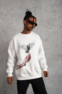 Erkek Güvercin Baskılı 3 iplik pamuklu Bisiklet Yaka Sweatshirt - Beyaz