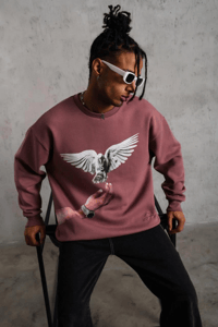 Erkek Güvercin Baskılı Bisiklet Yaka Sweatshirt 3 iplik pamuklu - Gül Kurusu