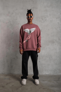 Erkek Güvercin Baskılı Bisiklet Yaka Sweatshirt 3 iplik pamuklu - Gül Kurusu