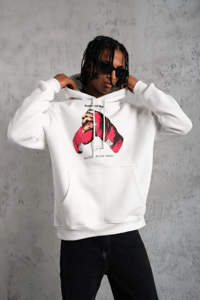 Erkek Kapüşonlu Cepli Boks Eldiven Baskılı 3 İplik Sweatshirt Hoodie - Beyaz