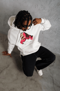 Erkek Kapüşonlu Cepli Boks Eldiven Baskılı 3 İplik Sweatshirt Hoodie - Beyaz