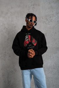 Erkek Kapüşonlu Cepli Box Eldiven Baskılı 3 İplik Sweatshirt Hoodie - Siyah