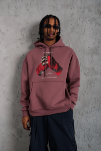 Erkek Kapüşonlu Cepli Box Eldiven Baskılı 3 İplik Sweatshirt Hoodie - Gül Kurusu