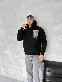 Erkek Kapüşonlu Kanguru Cepli Sweatshirt 3 İplik Pamuklu Baskılı Hoodie - Siyah