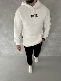 Erkek Kapüşonlu Kanguru Cepli Sweatshirt 3 İplik Pamuklu Baskılı Hoodie -  Beyaz