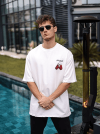 Erkek Kısa Kol Tişört Bisiklet Yaka Boxy Eldiven Baskılı T-Shirt - Beyaz