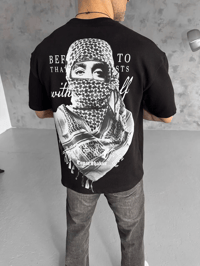 Erkek Kısa Kol Tişört Bisiklet Yaka Filistin Poşulu Baskılı T-Shirt - Siyah