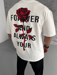 Erkek Kısa Kol Tişört Bisiklet Yaka GÜL Baskılı Oversize T-Shirt - Beyaz