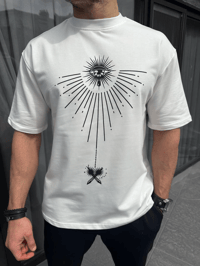 Erkek Kısa Kol Tişört Bisiklet Yaka GÜL Baskılı Oversize T-Shirt - Beyaz