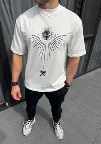 Erkek Kısa Kol Tişört Bisiklet Yaka GÜL Baskılı Oversize T-Shirt - Beyaz