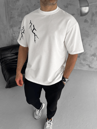 Erkek Kısa Kol Tişört Bisiklet Yaka Yıldırım Baskılı Oversize T-Shirt - Beyaz