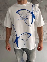 Erkek Kısa Kol Yazlık Tişört Bisiklet Yaka Baskılı Oversize T-Shirt - Beyaz
