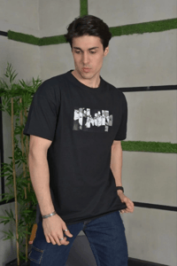 Erkek Kısa Kol Yazlık Tişört Bisiklet Yaka Baskılı Oversize T-Shirt - Siyah