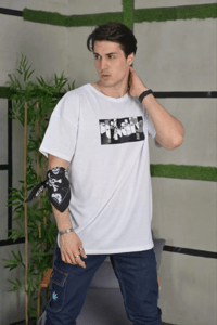 Erkek Kısa Kol Yazlık Tişört Bisiklet Yaka Baskılı Oversize T-Shirt - Beyaz