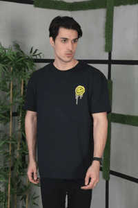Erkek Kısa Kol Yazlık Tişört Bisiklet Yaka Baskılı Oversize T-Shirt - Siyah