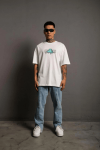 Erkek Kısa Kol Yazlık Tişört Bisiklet Yaka Baskılı Oversize T-Shirt - Beyaz