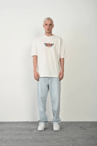 Erkek Kısa Kol Yazlık Tişört Bisiklet Yaka Baskılı Oversize T-Shirt - Beyaz