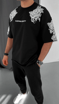 Erkek Kısa Kol Yazlık Tişört Bisiklet Yaka Baskılı Oversize T-Shirt - Siyah