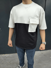 Erkek Kısa Kol Yazlık Tişört Torba Cepli Parçalı T-Shirt - Siyah