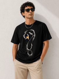 Erkek Kuğu Figürlü Soru İşareti Baskılı Tişört Kısa Kol T-Shirt - Siyah