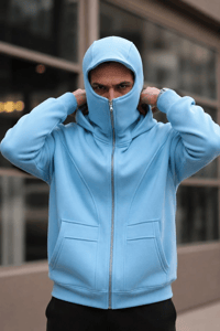 Erkek Maskeli Ninja Model Çift Kapüşonlu 3 İplik Şardonlu Fermuarlı Sweatshirt - Bebek Mavisi